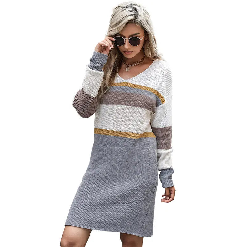 Autumn Winter Casual Women Wear Loose Long Sleeve V neck Color Block Long Sweater Dress HUNDRED
