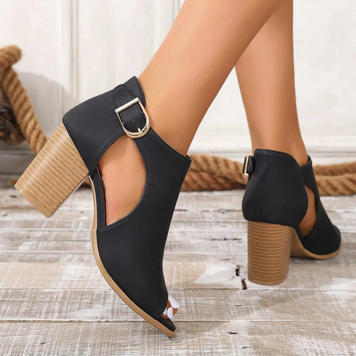 Black Faux Leather Sandal Boots Denvisia