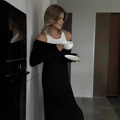 Long Sleeve Faux TwoPiece Dress TwinPhoen