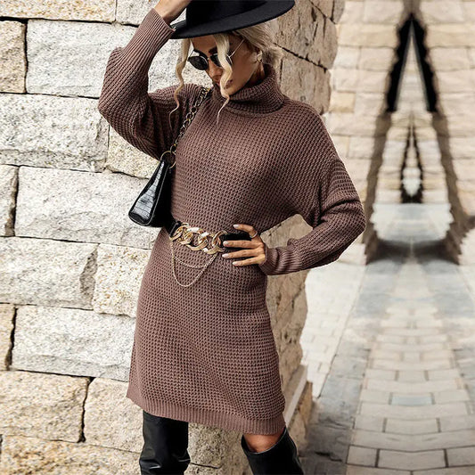 Long Sleeve High Collar Sweater Dress HUNDRED