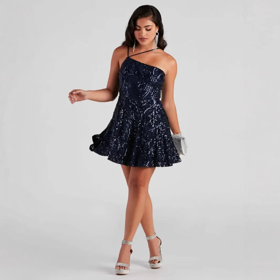 One Shoulder Sequined Nightclub Party Dress RayWin