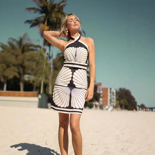 Shell Positioning Printing Halter Tied Dress Gemi