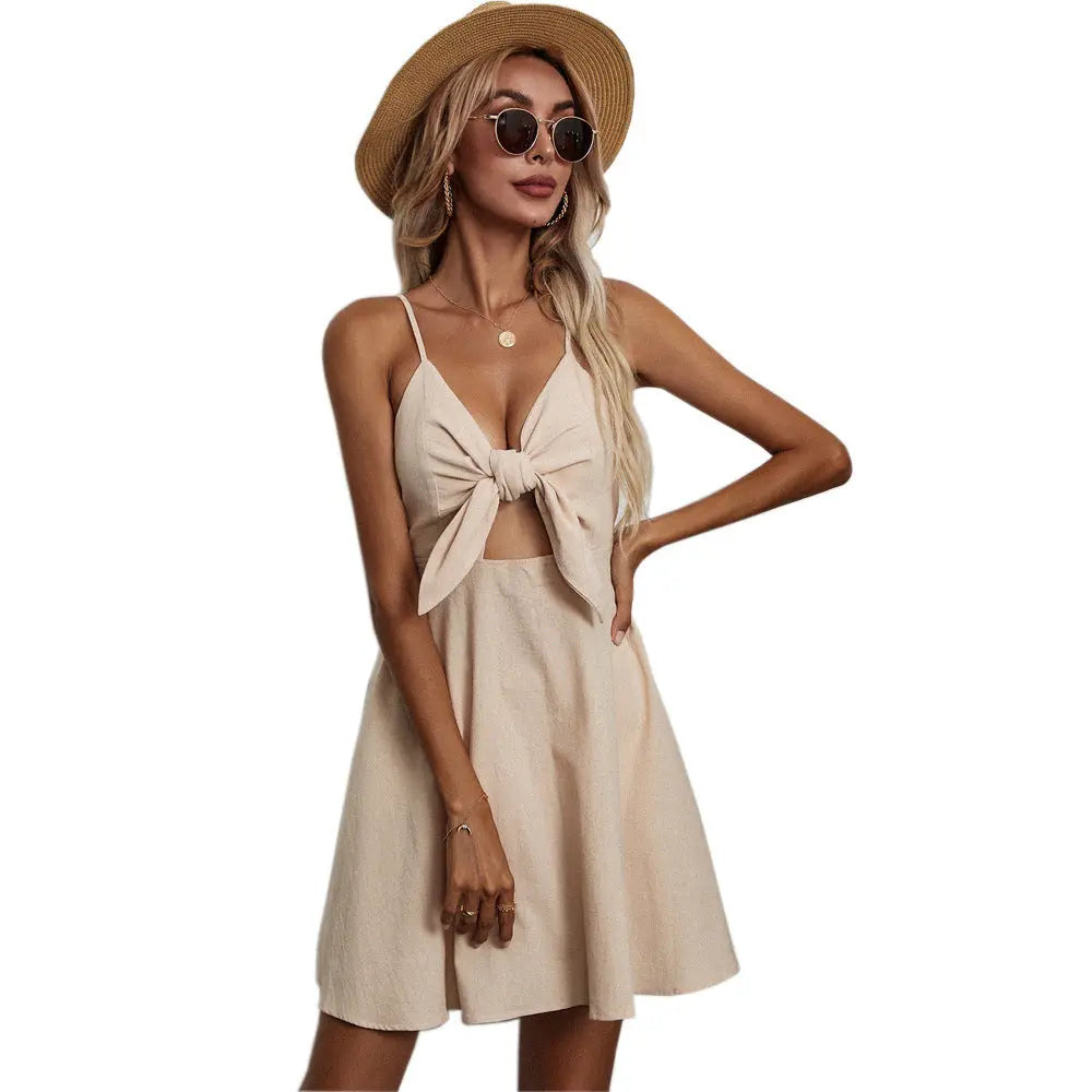 Women Clothing Lace-up Bow Cotton Linen Sleeveless Dress Casual A- line Dress Short Yiskiss